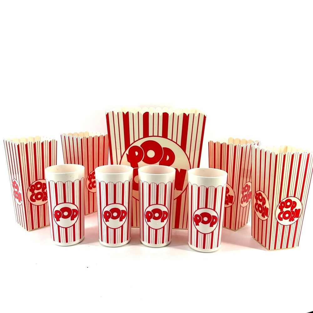 Vintage 1989 Dayton Hudson Popcorn Set 9 Piece Red White Striped Buckets Cups
